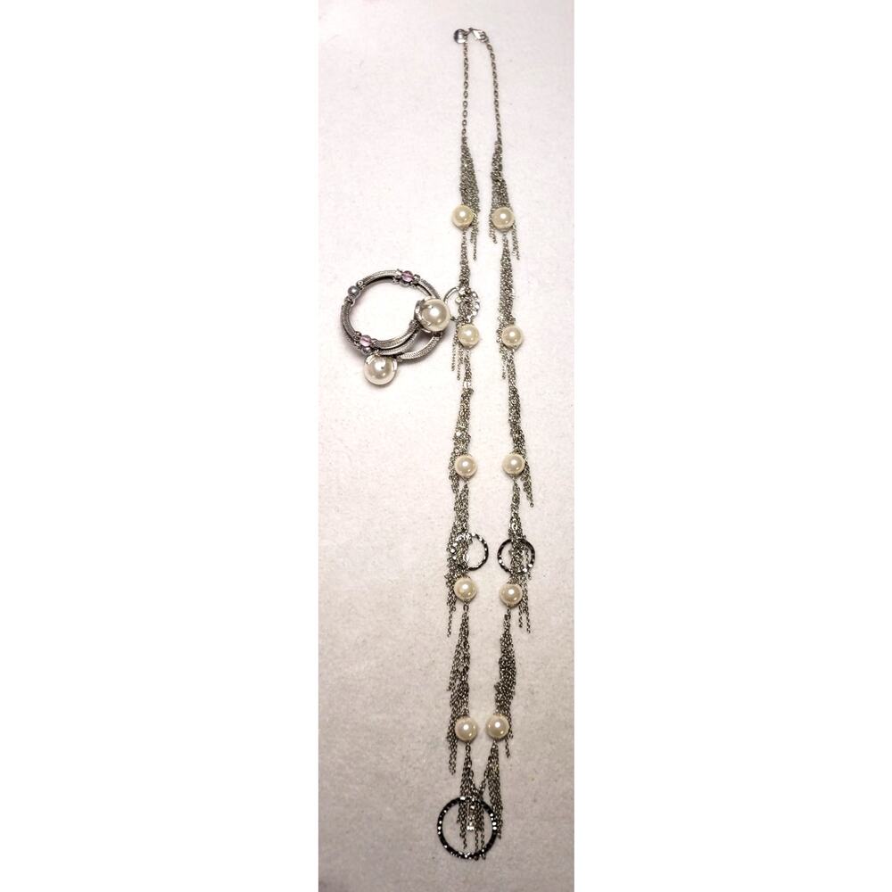 Faux Pearl Fringe Silvertone Chain Long Necklace & Adjustable Bracelet Boho